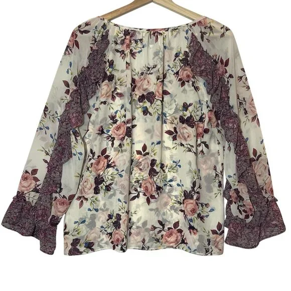 Misa Los Angeles Women’s Top Sia Pink Floral Roses Medium Size Chiffon Blouse - Picture 4 of 13